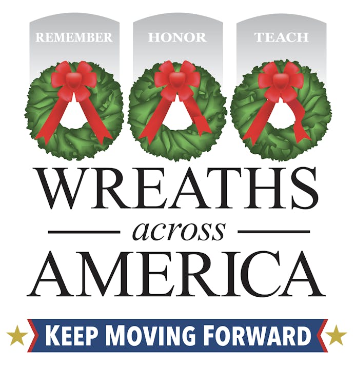 Three wreaths labeled "Remember," "Honor," "Teach." Below: "Wreaths Across America" and "Keep Moving Forward."