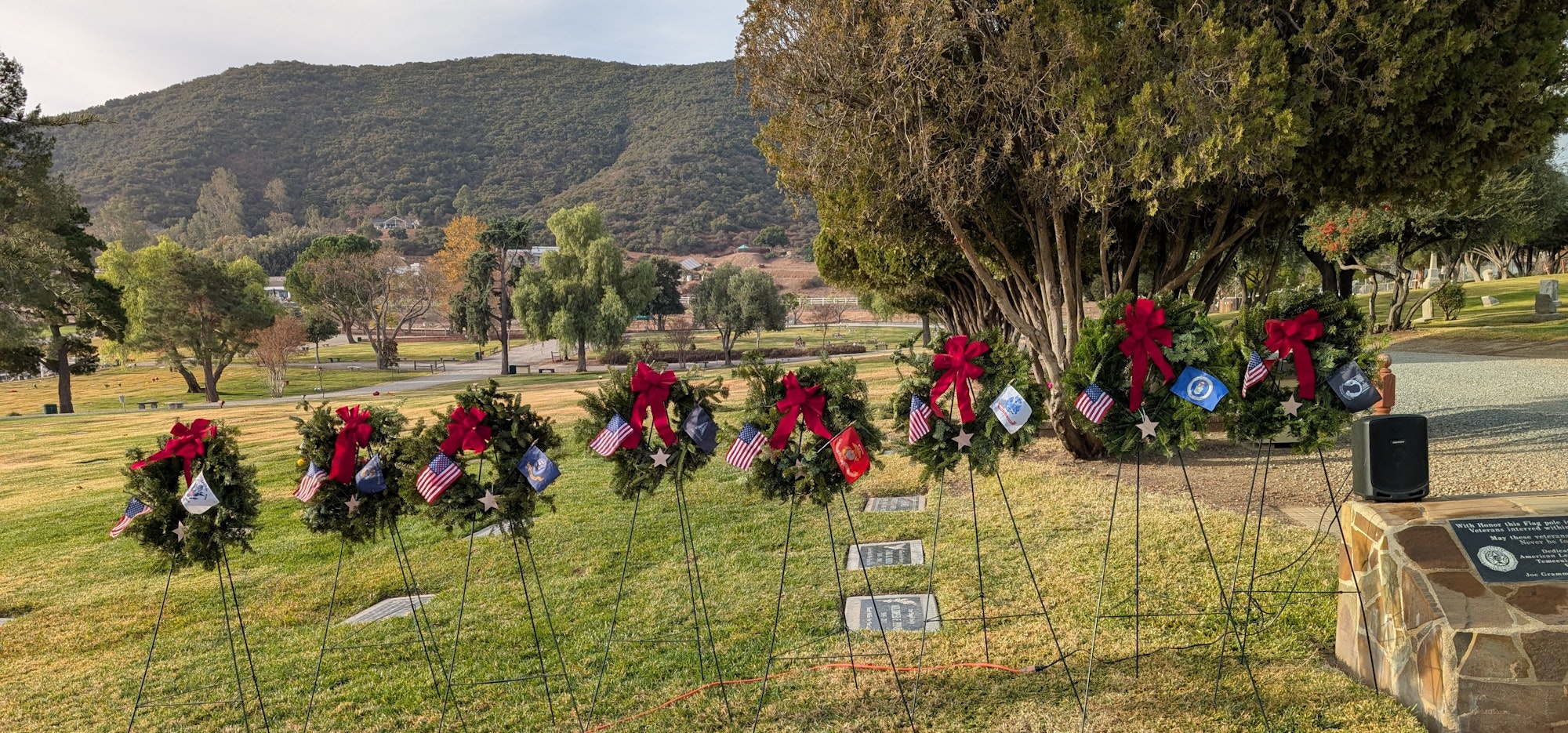 Wreaths with red bows and small flags on stands in a park-like setting with mountains and trees in the background.