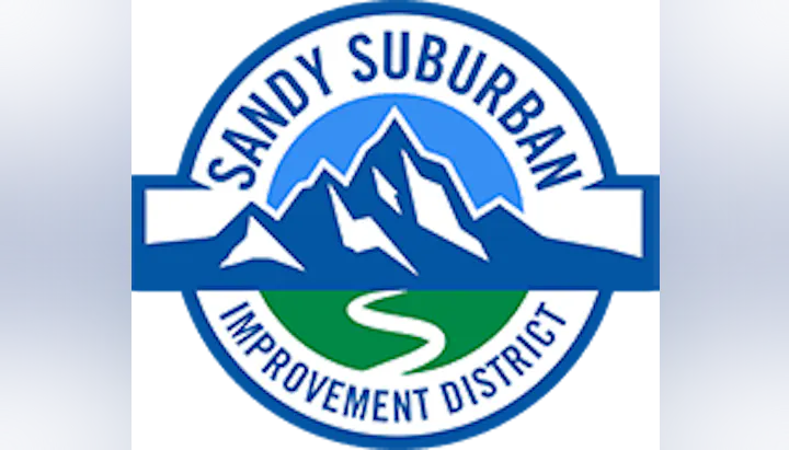 Logo with mountains, a river, and the text "Sandy Suburban Improvement District."