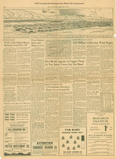 Newspaper page featuring articles on industry trends, a sketch of White City, and advertisements for uranium companies.