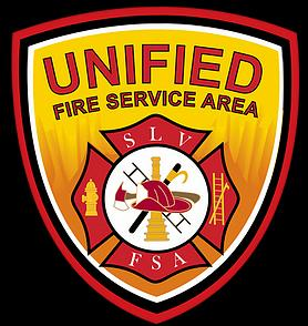 Unified Fire Service Area logo featuring firefighting symbols: helmet, hose, ladder, hydrant, and an acronym "SLV FSA."