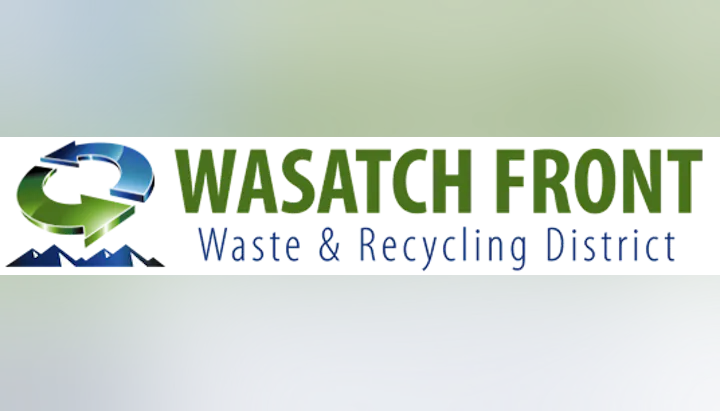 Logo for Wasatch Front Waste & Recycling District with a green and blue recycling symbol and mountains.