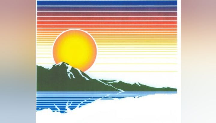 Sunset over mountains with colorful horizontal lines in the sky and reflections on water.