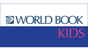 World Book Kids logo with blue and white background and text.
