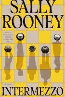 Book cover titled "Intermezzo" by Sally Rooney, featuring silhouettes and chess pieces.