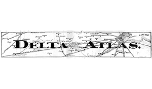 Text "DELTA ATLAS" over a background of a vintage map with geographic labels and lines.