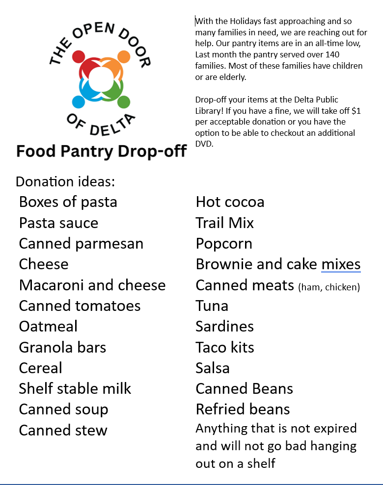 Food pantry drop-off list for donations at Delta Public Library; includes pasta, canned products, snacks, and more.