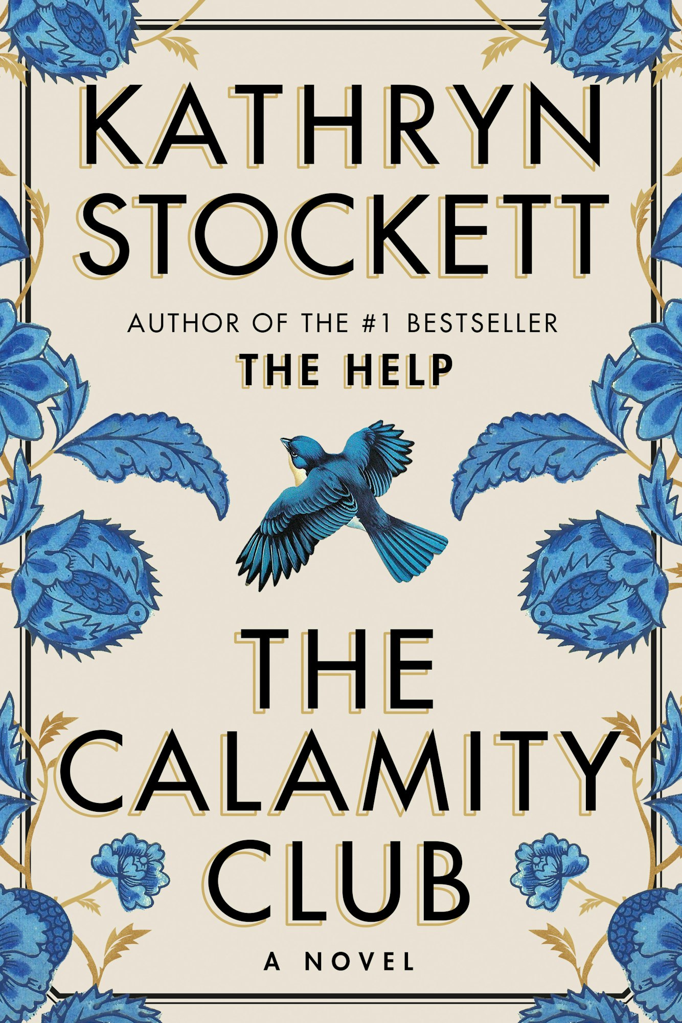 The image features the cover of "The Calamity Club" by Kathryn Stockett, adorned with blue floral designs and a blue bird.