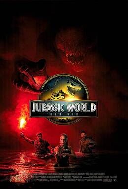 Three people in water, one with a flare, under a T-Rex. "Jurassic World" logo and "Rebirth" text below.