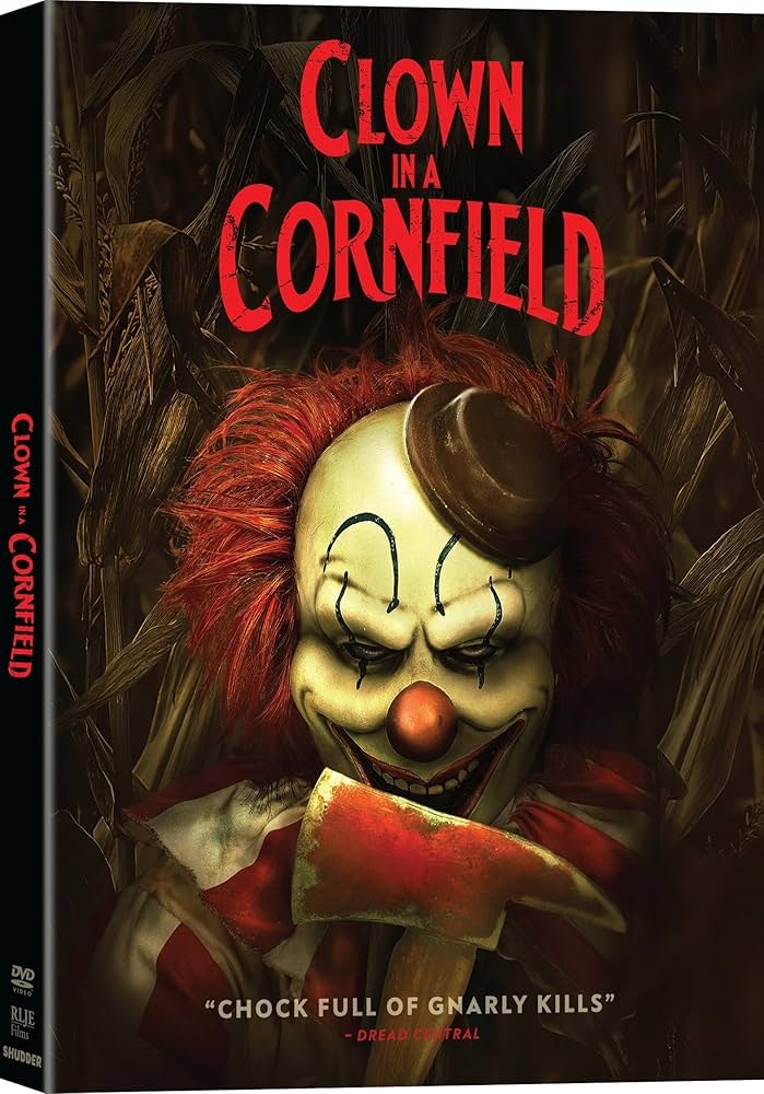 Creepy clown with an axe in a cornfield, cover art for "Clown in a Cornfield."