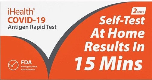 iHealth COVID-19 Antigen Rapid Test box, 2 tests, self-test at home, results in 15 mins, FDA Emergency Use Authorization.