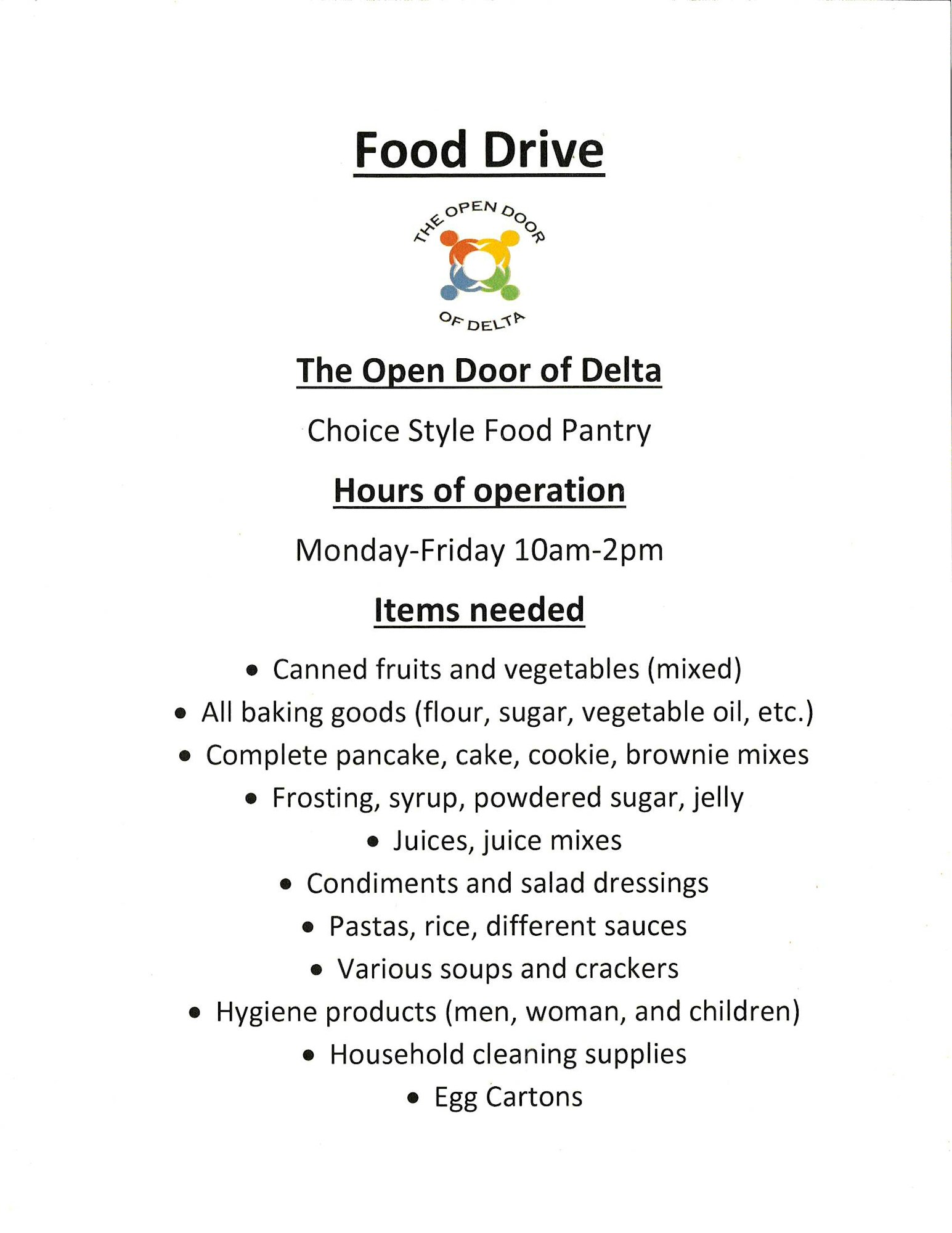 Food drive flyer for The Open Door of Delta: needs canned food, baking goods, mixes, hygiene items; open Mon-Fri 10am-2pm.
