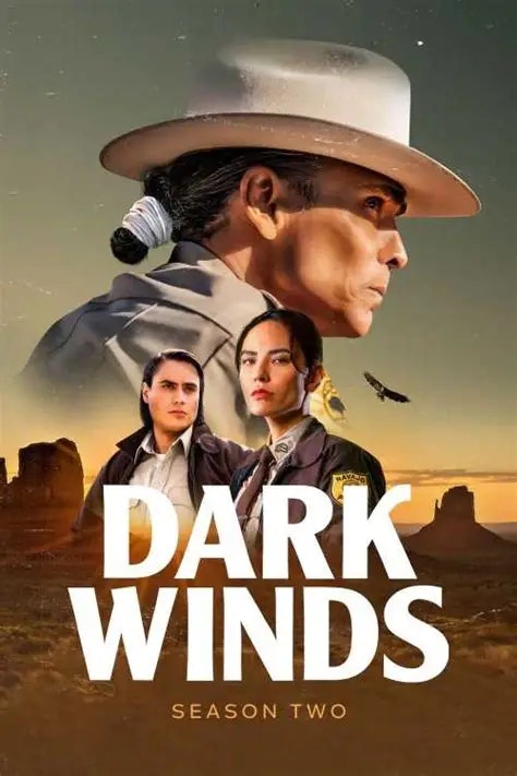 Dark Winds Season Two poster featuring three serious individuals with a desert backdrop.