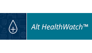 Logo for Alt HealthWatch™ with a medical symbol and a teal background.