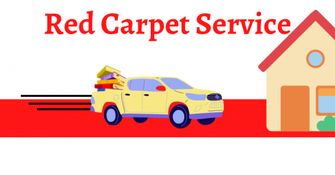 Pickup truck with boxes driving on a red carpet towards a house, captioned "Red Carpet Service."