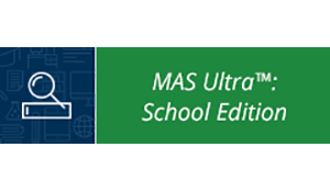 The image shows "MAS Ultra: School Edition" on a green background, with a magnifying glass icon on the left.