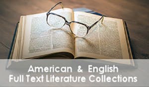 Open book with glasses on top, text reads "American & English Full Text Literature Collections."
