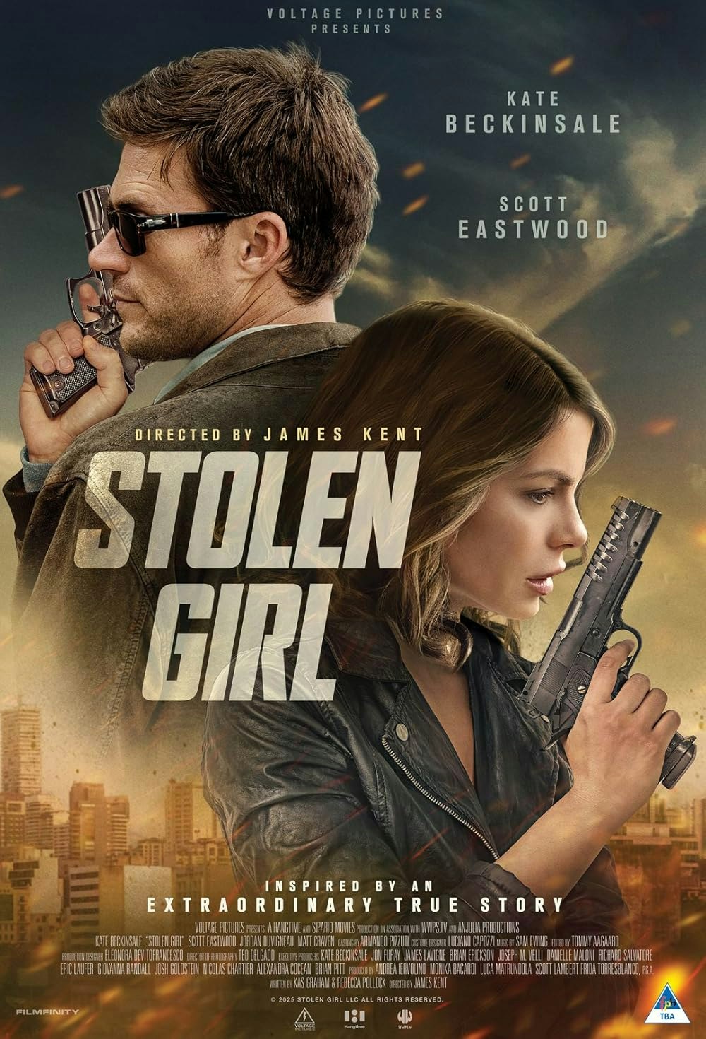 The image is a movie poster for "Stolen Girl," featuring characters holding guns, directed by James Kent, starring Kate Beckinsale and Scott Eastwood.