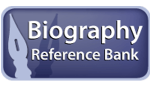 The image shows a logo with the text "Biography Reference Bank" on a purple background with a pen and quill graphic.