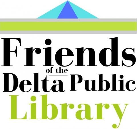 Logo for "Friends of the Delta Public Library" with green and blue geometric design.