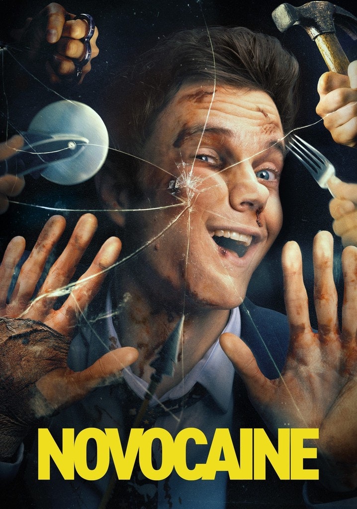 A smiling man surrounded by chaotic hands holding a hammer, fork, and other tools, with cracked glass and the text "NOVOCAINE" below.