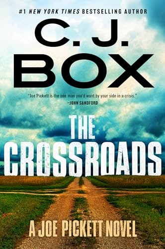 The image features the book "The Crossroads" by C.J. Box, part of the Joe Pickett series, with a scenic rural background.