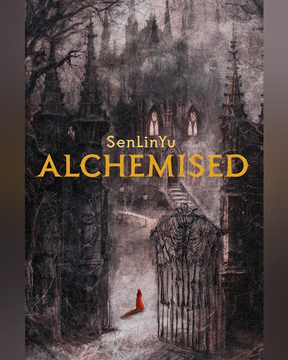 A haunting image featuring a cloaked figure in red near an ornate gate, set against a dark, mysterious background.