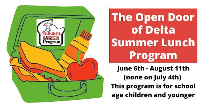 Open Door of Delta Summer Lunch Program flyer with dates, for school-age children.