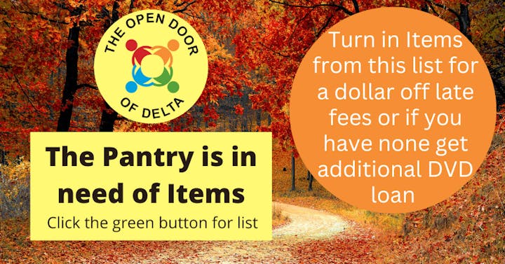 The image promotes a pantry donation drive, offering discounts or DVD loan extensions for contributions.