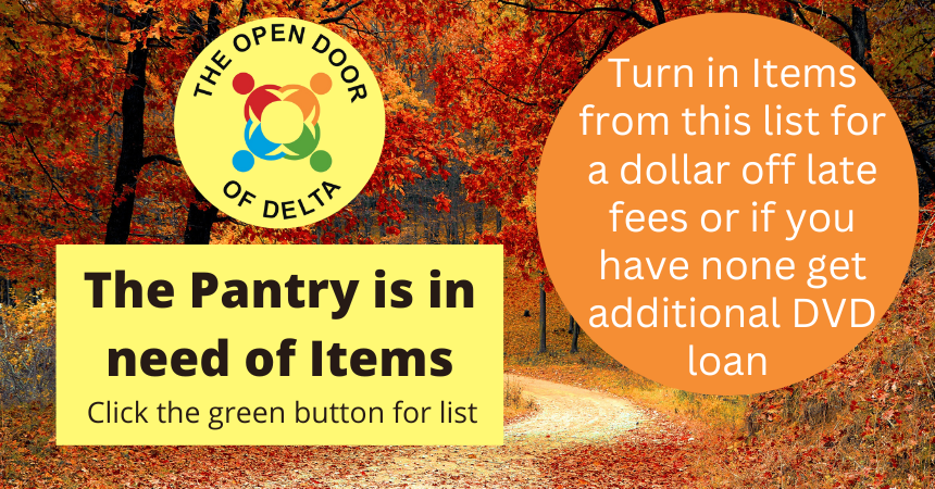 The image promotes a pantry donation drive, offering discounts or DVD loan extensions for contributions.