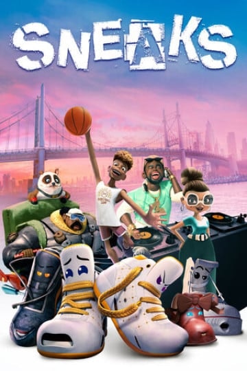 Animated characters and sneakers in front of a bridge and city skyline, with the word "SNEAKS" above them.
