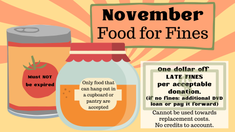 November Food for Fines: Donate non-expired pantry food to reduce fines by $1 per item. Not for replacement costs.
