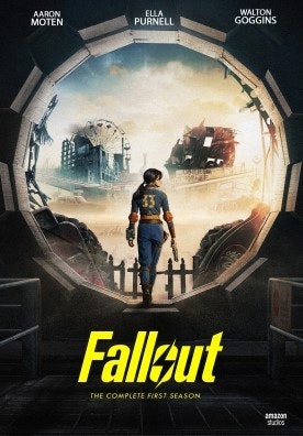A figure in a blue jumpsuit numbered 33 stands in a vault entrance overlooking a post-apocalyptic landscape. Text: "Fallout: The Complete First Season."