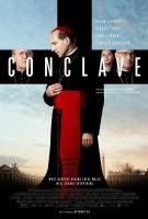 A movie poster for "Conclave" featuring a cardinal in front of a cross-shaped background with other clerics and Vatican imagery.