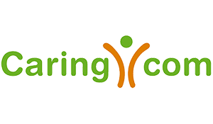 Text logo "Caring.com" in green and orange, with a stylized person between "Caring" and ".com".