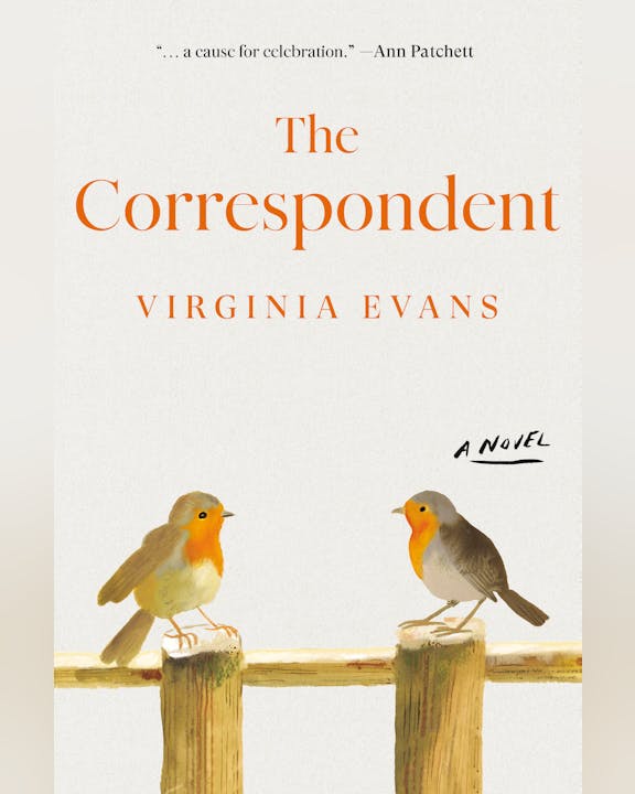 A book cover for "The Correspondent" by Virginia Evans, featuring two illustrated birds on a wooden fence.
