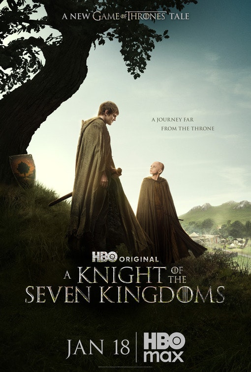 The image is a poster for "A Knight of the Seven Kingdoms," a new series based in the Game of Thrones universe, premiering on HBO Max.