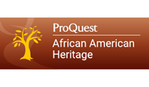 Logo with text "ProQuest African American Heritage" and a stylized yellow tree on a brown background.