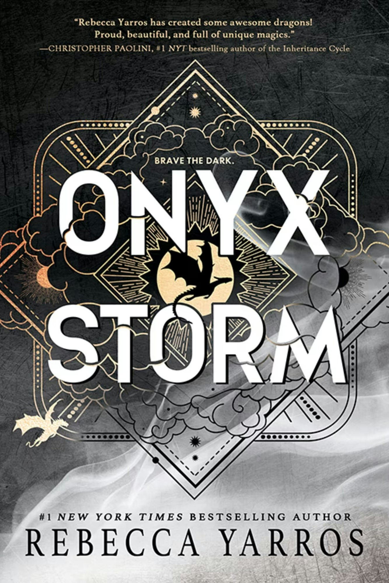 Book cover of "Onyx Storm" by Rebecca Yarros featuring a dragon silhouette.