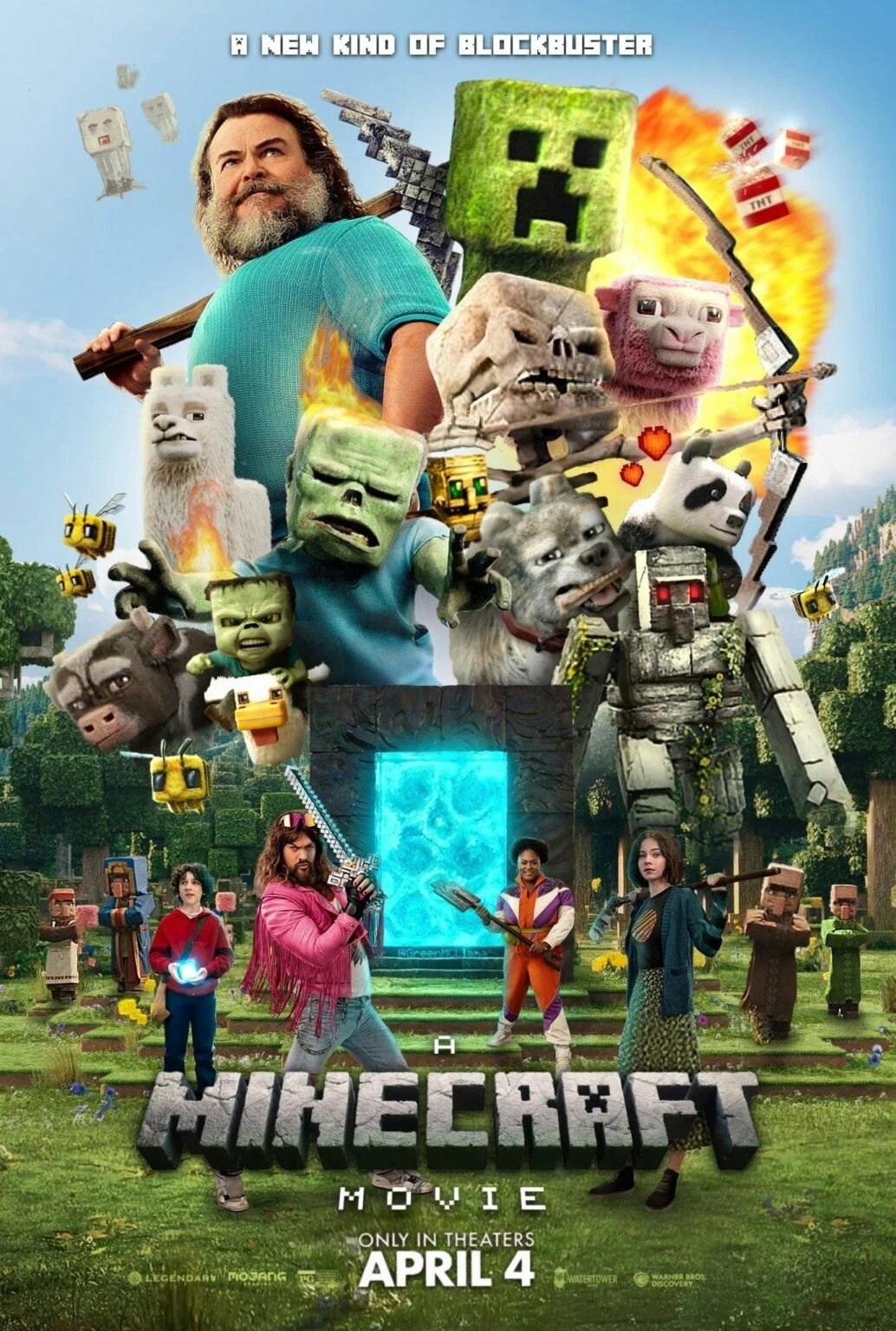 Movie poster with people, Minecraft creatures, and the title "A Minecraft Movie." Release date April 4.