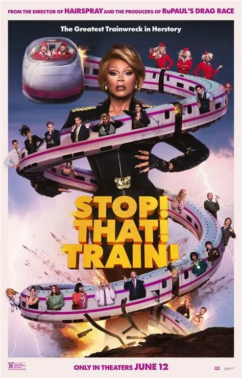 A colorful movie poster for "STOP! THAT! TRAIN!" featuring dynamic characters and a whimsical train design, set for release on June 12.