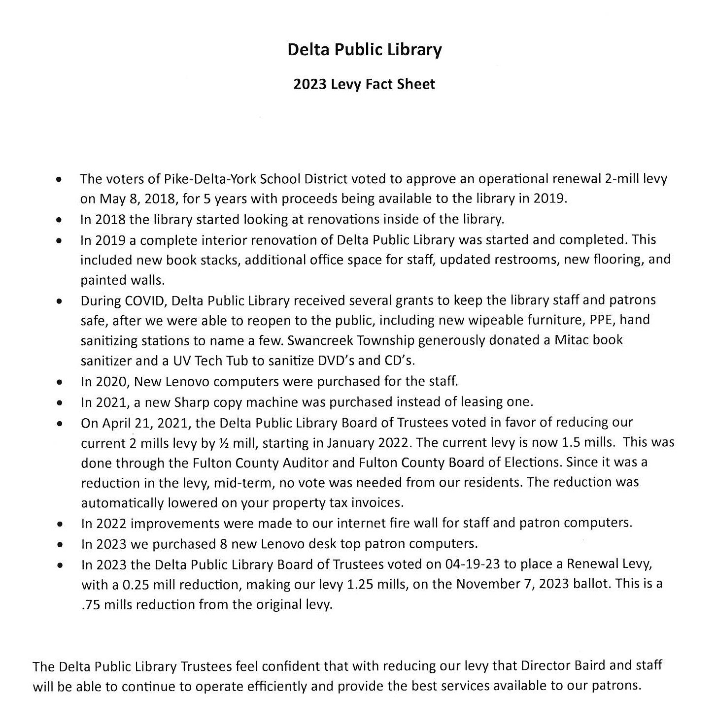 Delta Public Library 2023 Levy Fact Sheet details levy renewal, renovations, grants, and tech upgrades from 2018-2023.