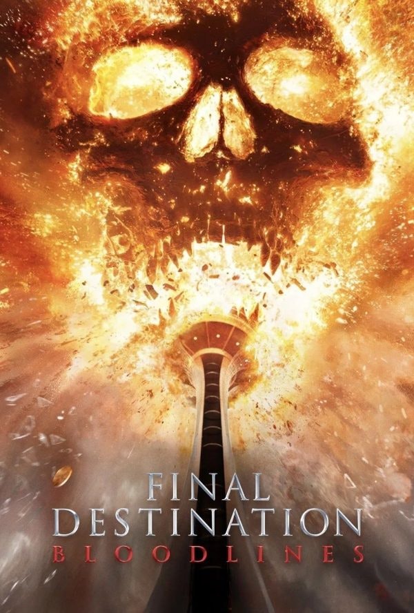 Fiery skull with debris above a rollercoaster track. Text: "FINAL DESTINATION BLOODLINES."