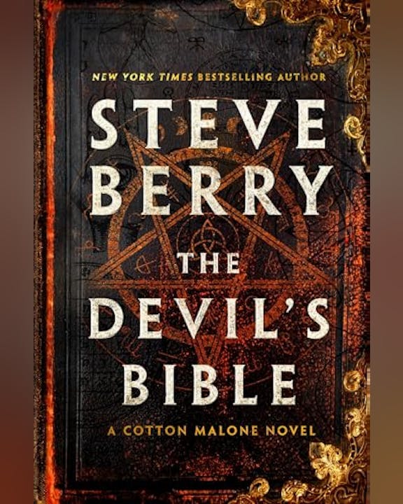 The image features the book "The Devil's Bible" by Steve Berry, part of the Cotton Malone series, with a dark, intriguing cover design.