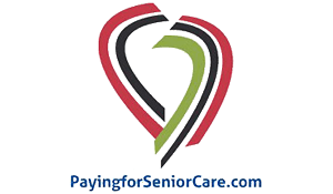 A stylized heart shape with red, black, and green lines. Text below reads, "PayingforSeniorCare.com".