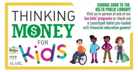 "Thinking Money for Kids" event at Delta Public Library with educational games and programs for children.