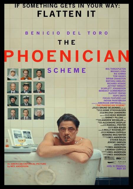 A parody movie poster featuring a man in a bathtub, titled "The Phoenician Scheme" with credits and headshots.