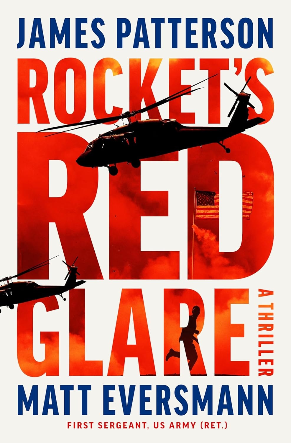 The image features the book cover for "Rocket's Red Glare," a thriller by James Patterson and Matt Eversmann.