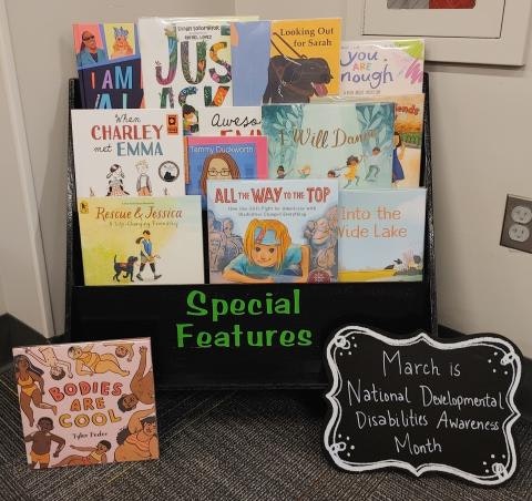 Books on display for National Developmental Disabilities Awareness Month, featuring diverse and inclusive stories.
