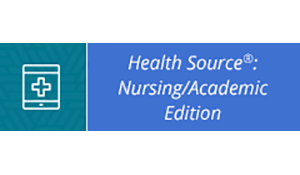 Icon of a tablet with a medical cross and text: "Health Source: Nursing/Academic Edition."